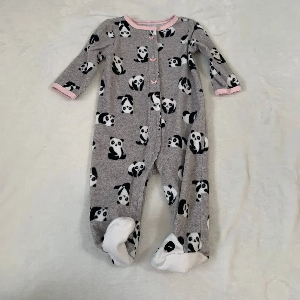 5/$25 Carter's Footed Pajamas Girl 6m Gray Panda‎ Bear Fleece Snap Up Sleeper